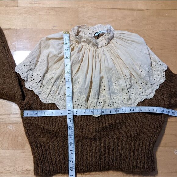 ZARA Contrasting embroidery lace knit sweater brown beige Small @L1 - Picture 10 of 13